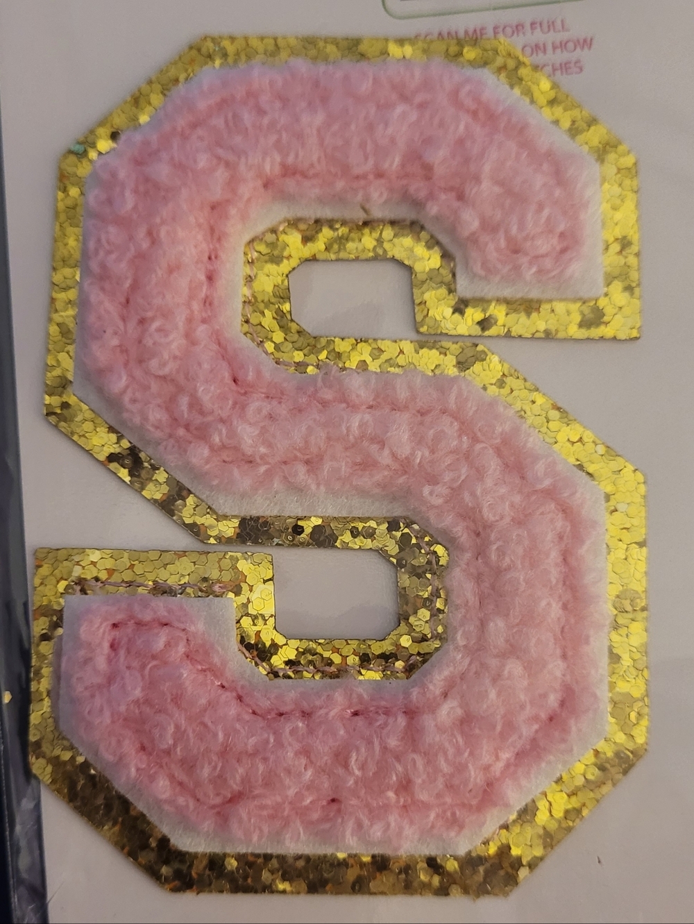 NEW. Pink "S" Chenille Letter Patch. Self Adhesive. Large. 100 % Polyester.
